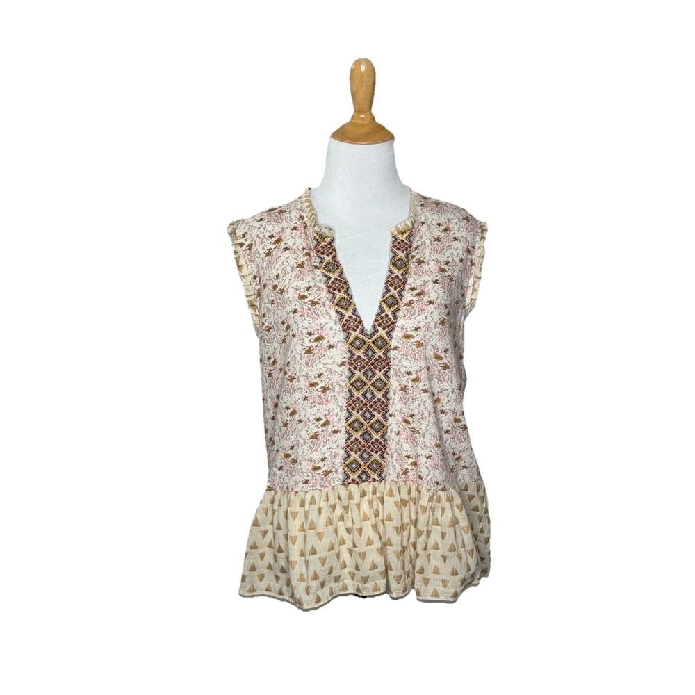 Lucky Brand Women BOHO Geo Floral Tan Sleeveless Blouse Top Size Large Repaired